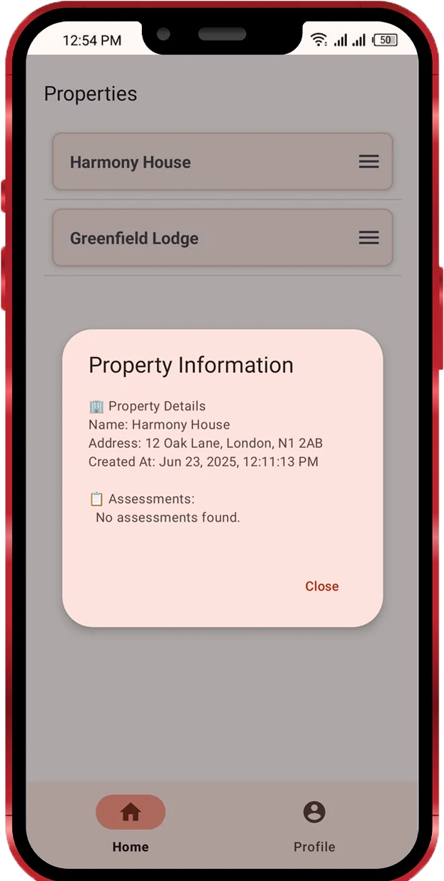 AffinityCare mobile app — Properties screen